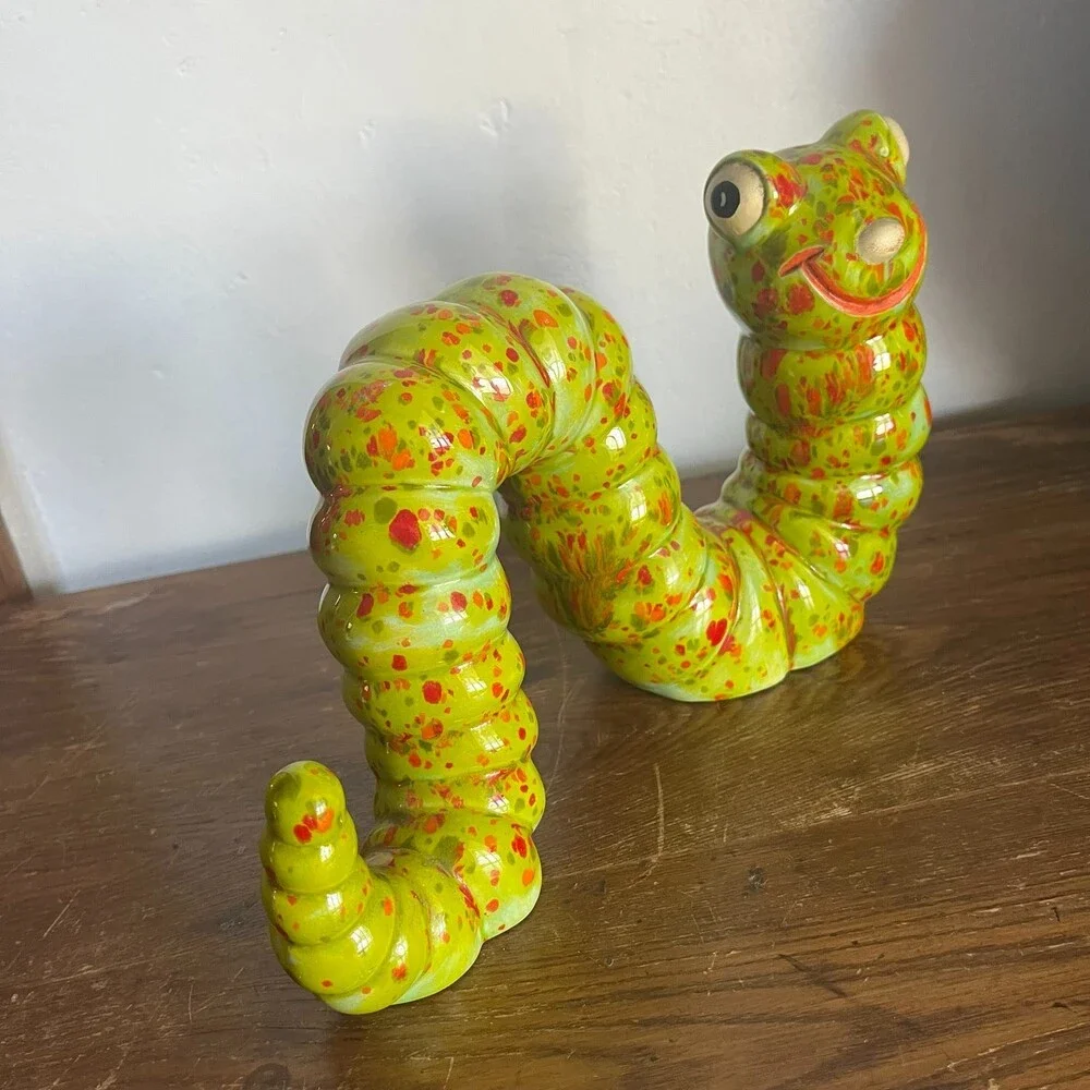 VTG 11” MCM Speckle Ceramic Garden Worm Caterpillar Statue Art Pottery Decor 70s